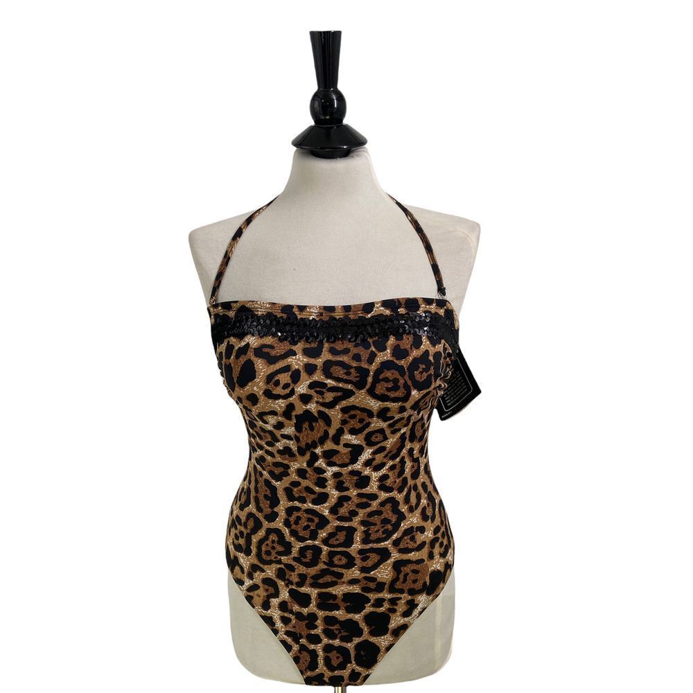 NWT Newport News Swim Halter Sequin‎ Animal Print One Piece Swimsuit Size 8